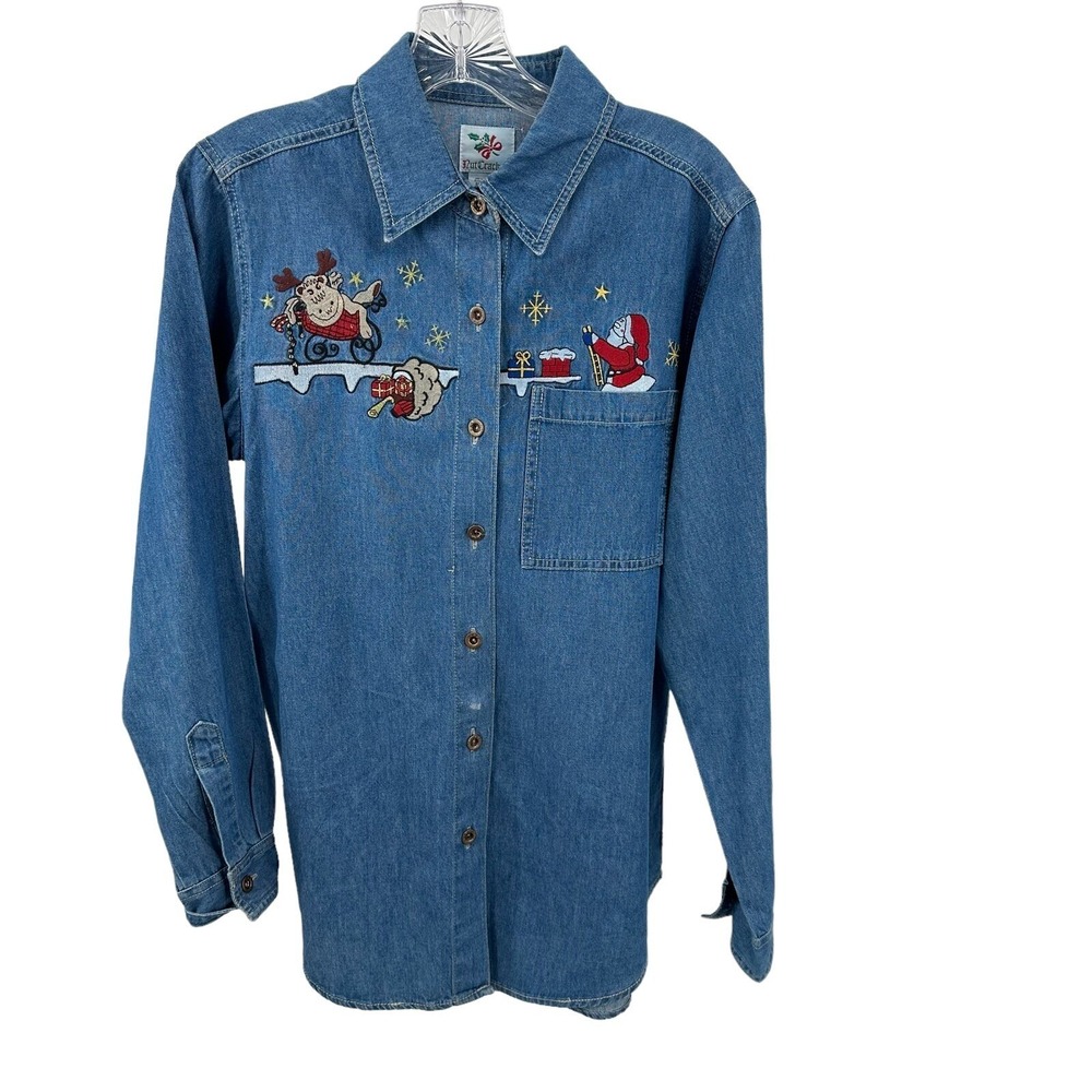NutCracker Womens Small Christmas Denim Shirt Santa Reindeer Embroidered Vintage